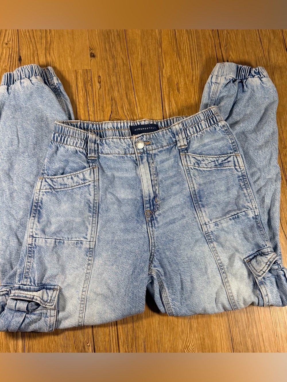 Aeropostale Womens Size 5 Baggy Denim Jogger Jeans Light Wash Cargo Utility Y2K